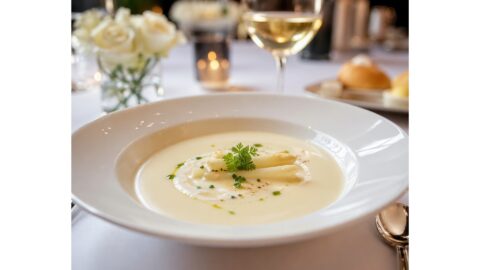 Österliche Spargelcremesuppe mit karamellisierten Haselnüssen